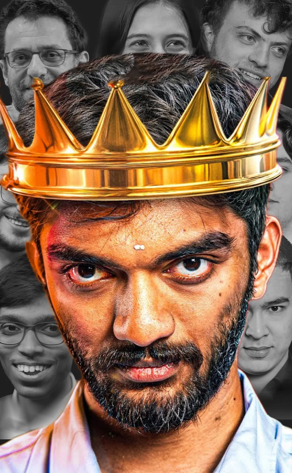 Gukesh wearing a gold crown, with other top players behind him