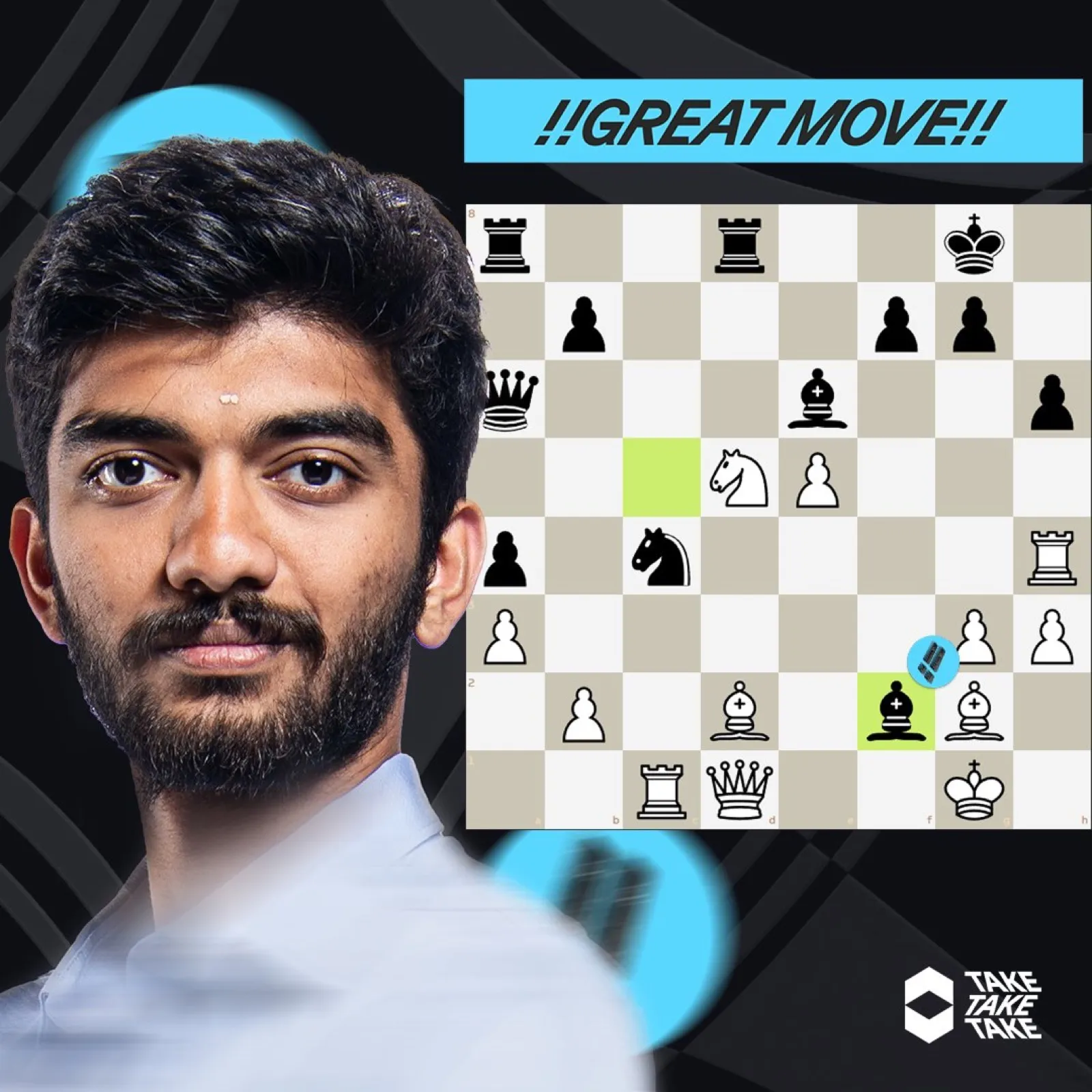 Puzzle post: Gukesh beside the board, with the caption Great move
