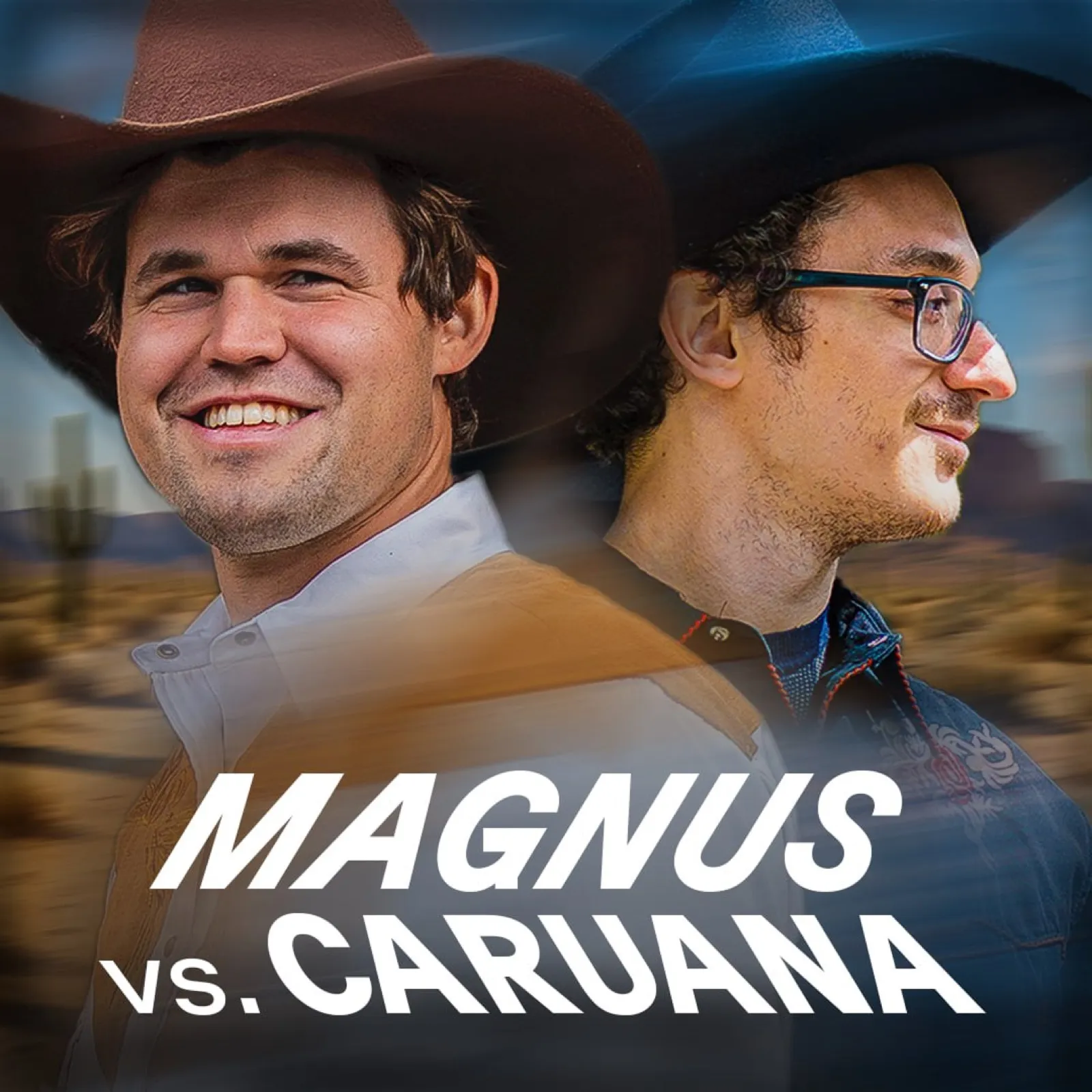 Match-up graphic: Magnus Carlsen and Fabiano Caruana in cowboy hats